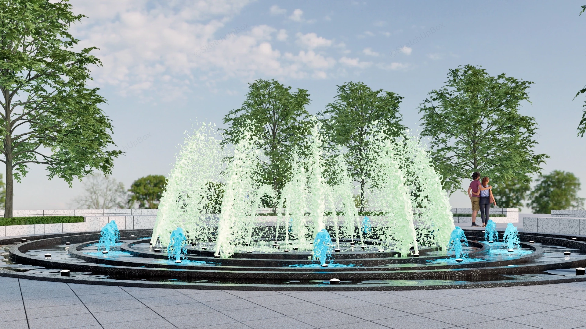 Square With Water Fountain sketchup model preview - SketchupBox