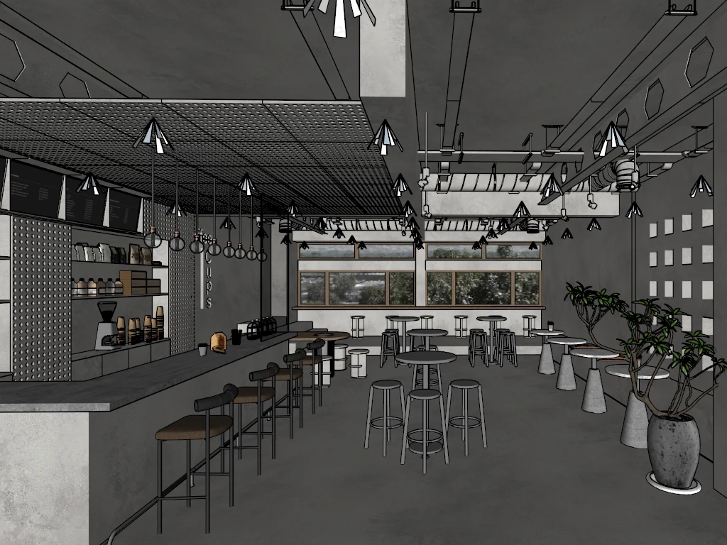 Modern Industrial Cafe Design sketchup model preview - SketchupBox