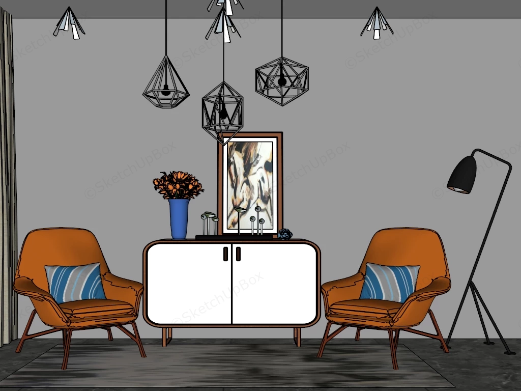 Orange Accent Chairs And Sideboard Set sketchup model preview - SketchupBox