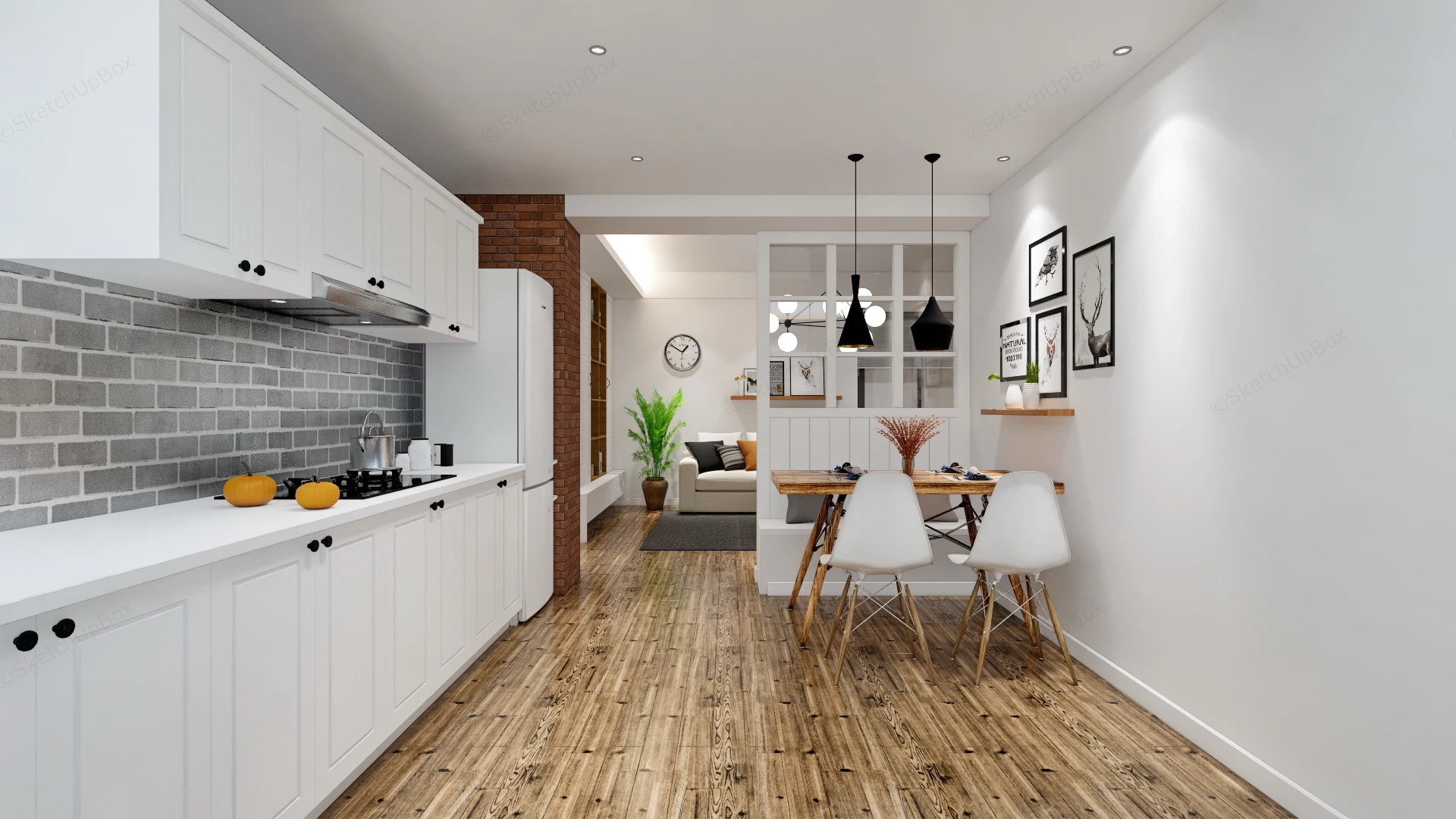 Rustic Living Room Kitchen Dining Room Combo sketchup model preview - SketchupBox