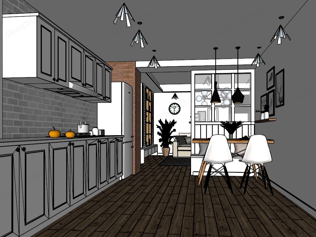 Rustic Living Room Kitchen Dining Room Combo sketchup model preview - SketchupBox