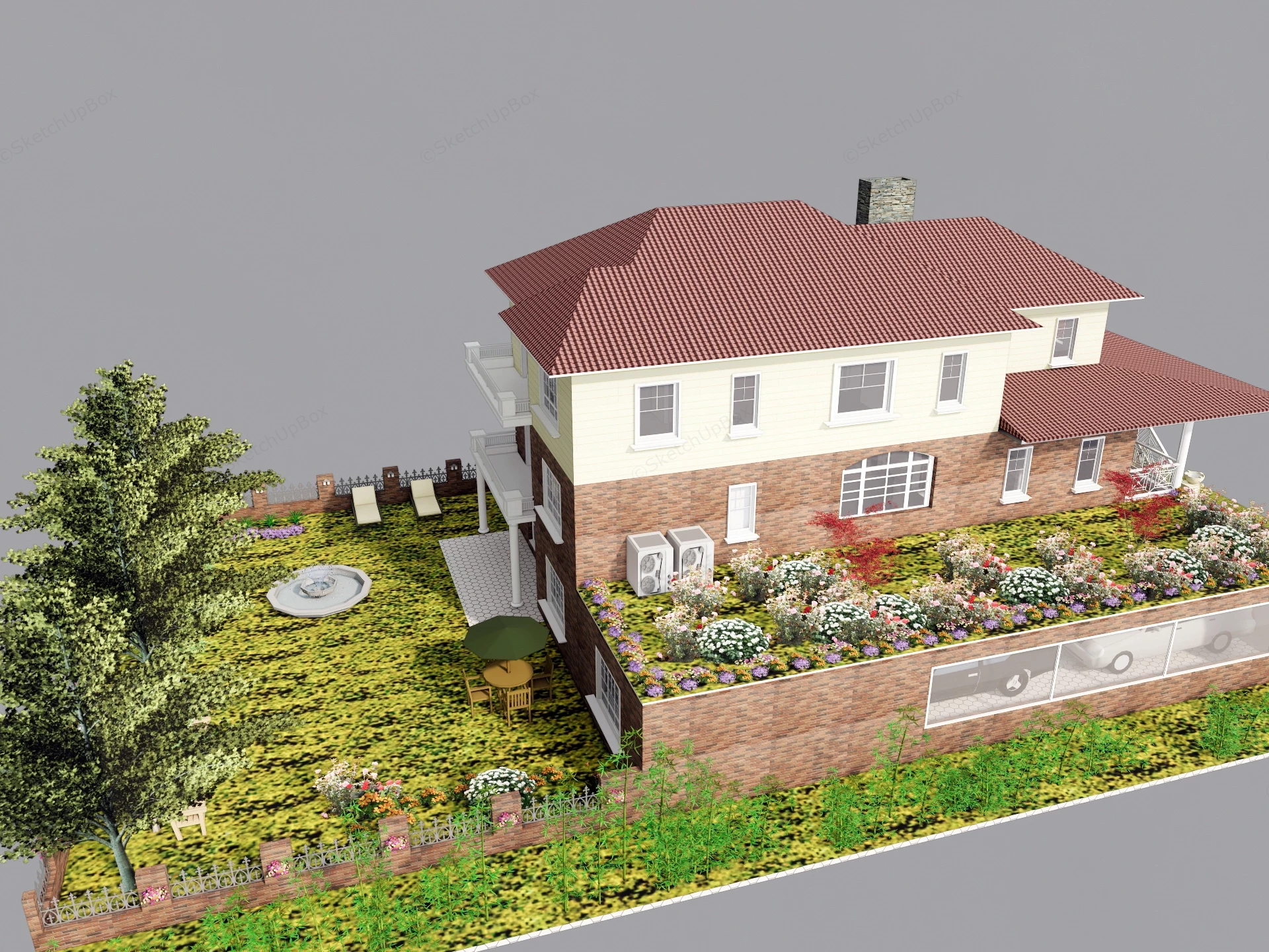 Brick Country House With Garden sketchup model preview - SketchupBox