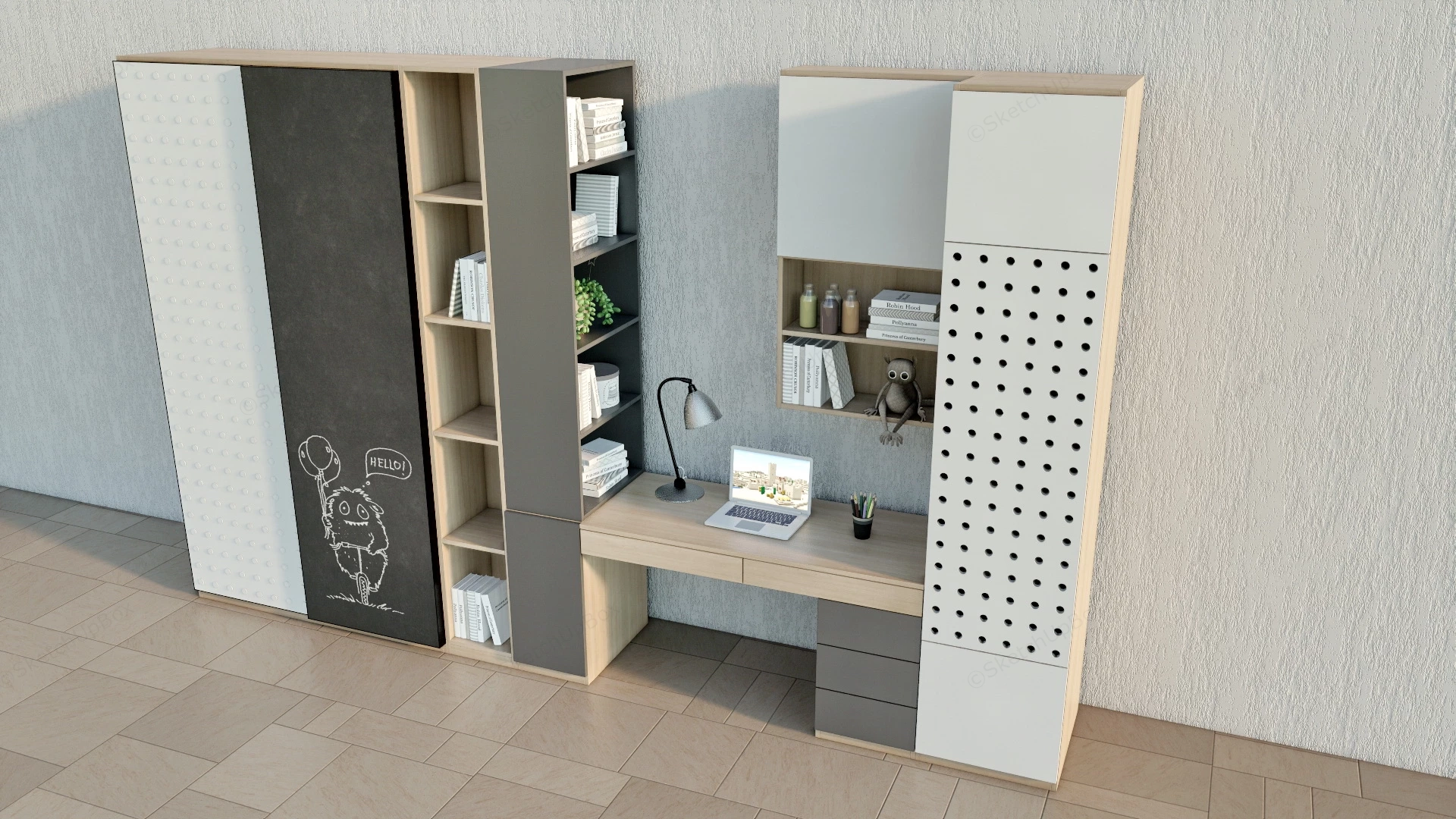 Kids Room Desk Bookcase Combo sketchup model preview - SketchupBox