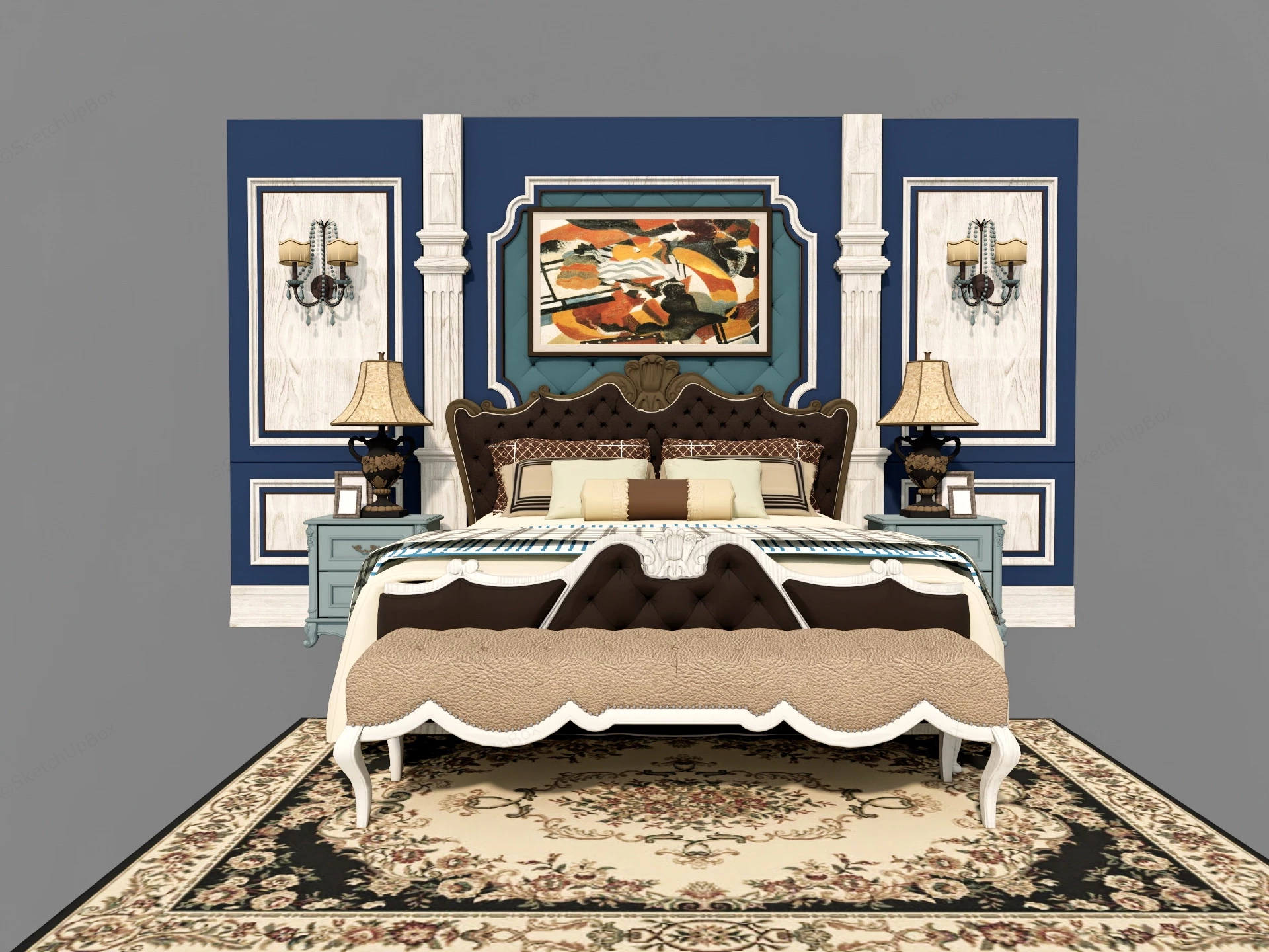 Classic Bed With Accent Wall sketchup model preview - SketchupBox