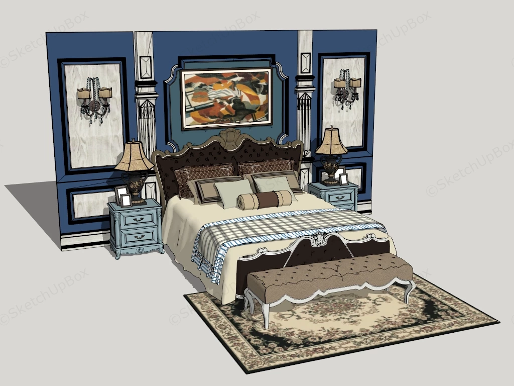 Classic Bed With Accent Wall sketchup model preview - SketchupBox