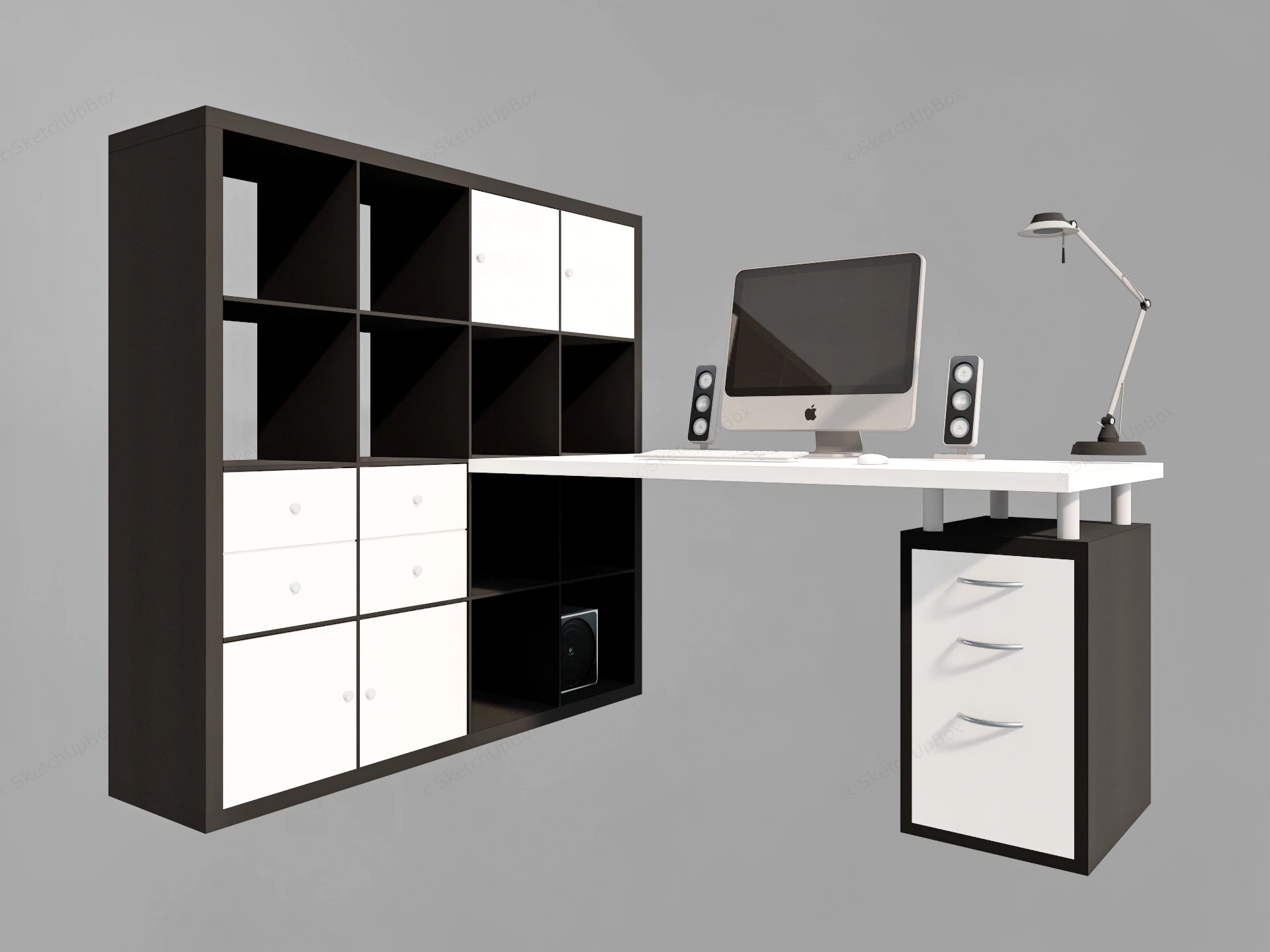 Modern Office Desk With Storage Cabinet sketchup model preview - SketchupBox