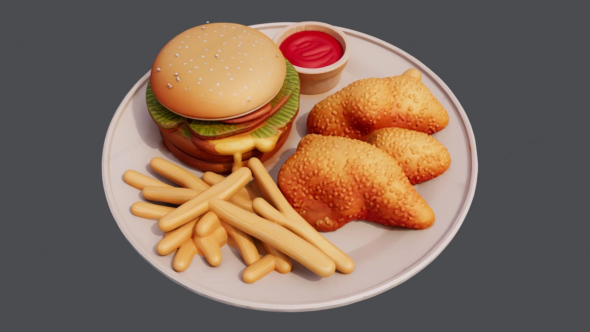 Hamburger With Fried Chicken And French Fries sketchup model preview - SketchupBox