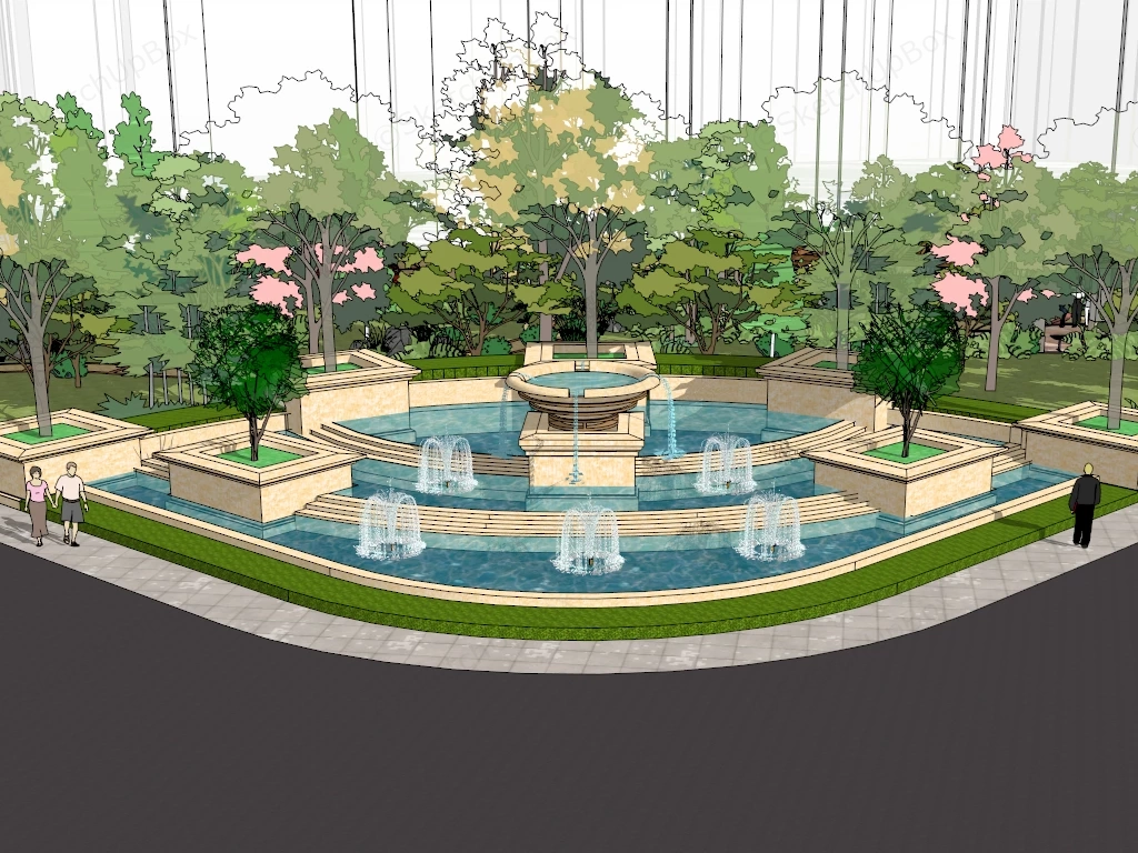 Corner Park With Fountain sketchup model preview - SketchupBox