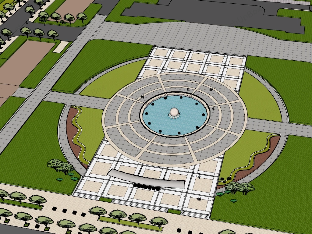 Public Plaza Design With Fountain sketchup model preview - SketchupBox