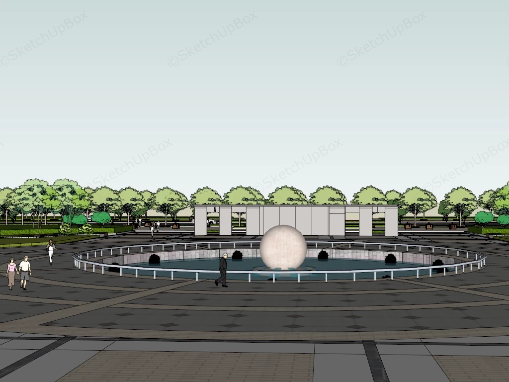 Public Plaza Design With Fountain sketchup model preview - SketchupBox