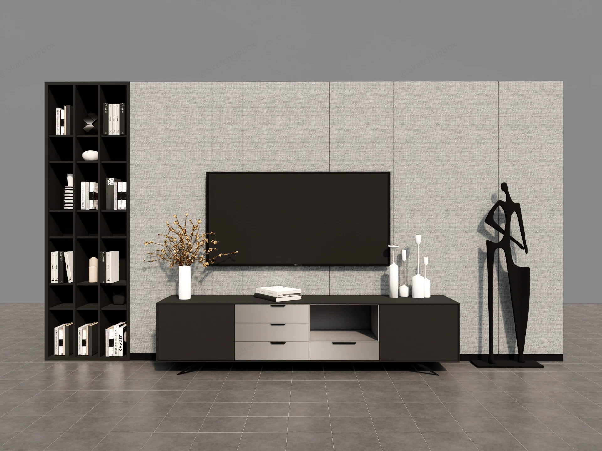 Grey And Black Tv Wall With Stand sketchup model preview - SketchupBox