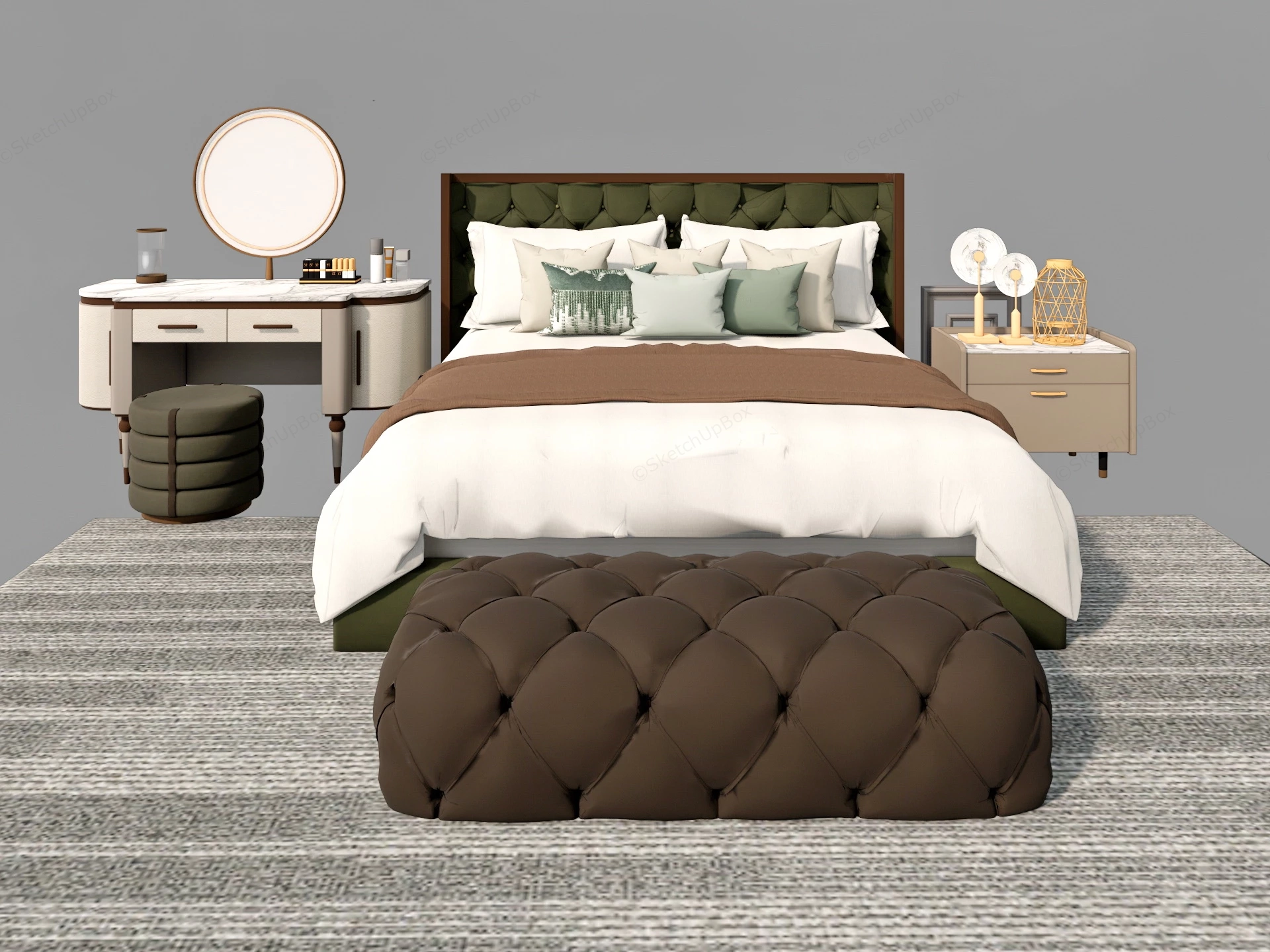 Modern Bed With Nightstand And Dressing Table sketchup model preview - SketchupBox