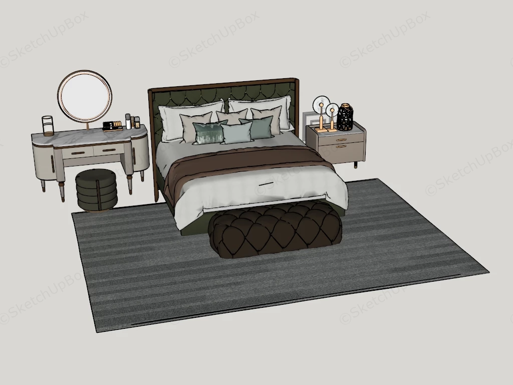 Modern Bed With Nightstand And Dressing Table sketchup model preview - SketchupBox