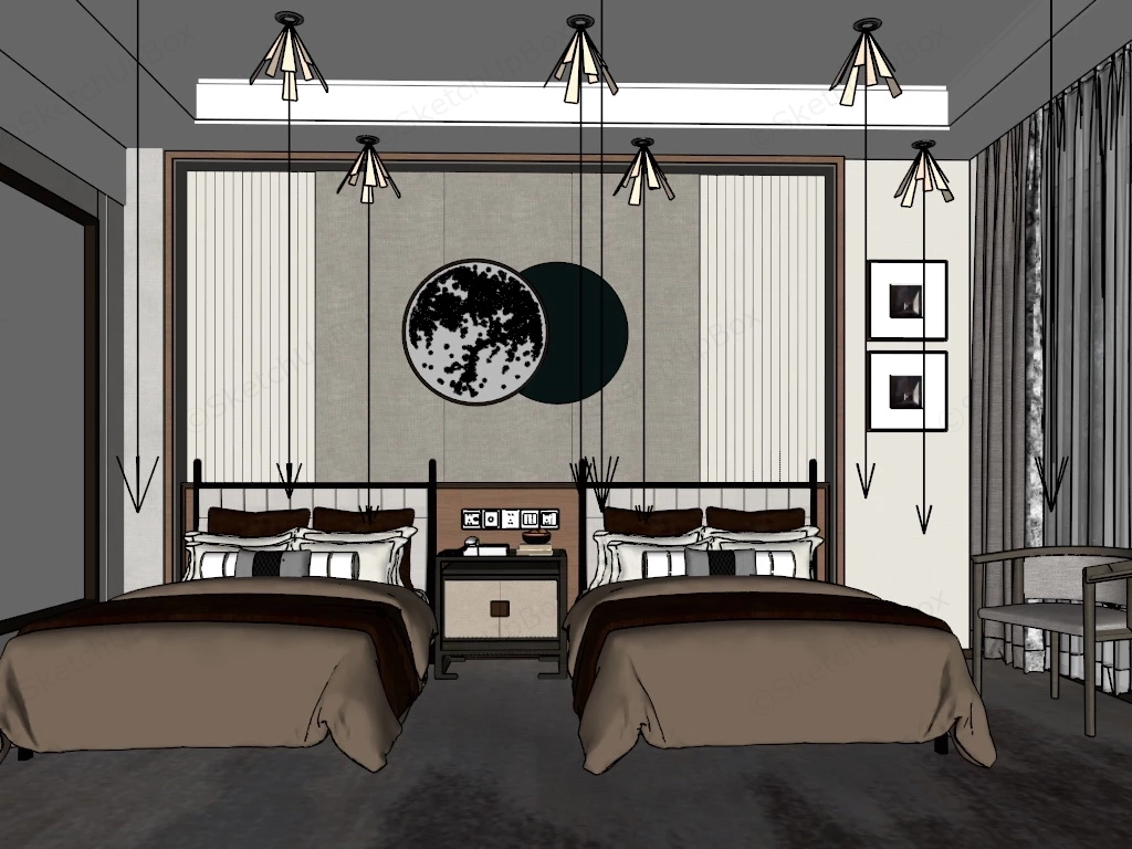 Classic Twin Bed Hotel Room sketchup model preview - SketchupBox