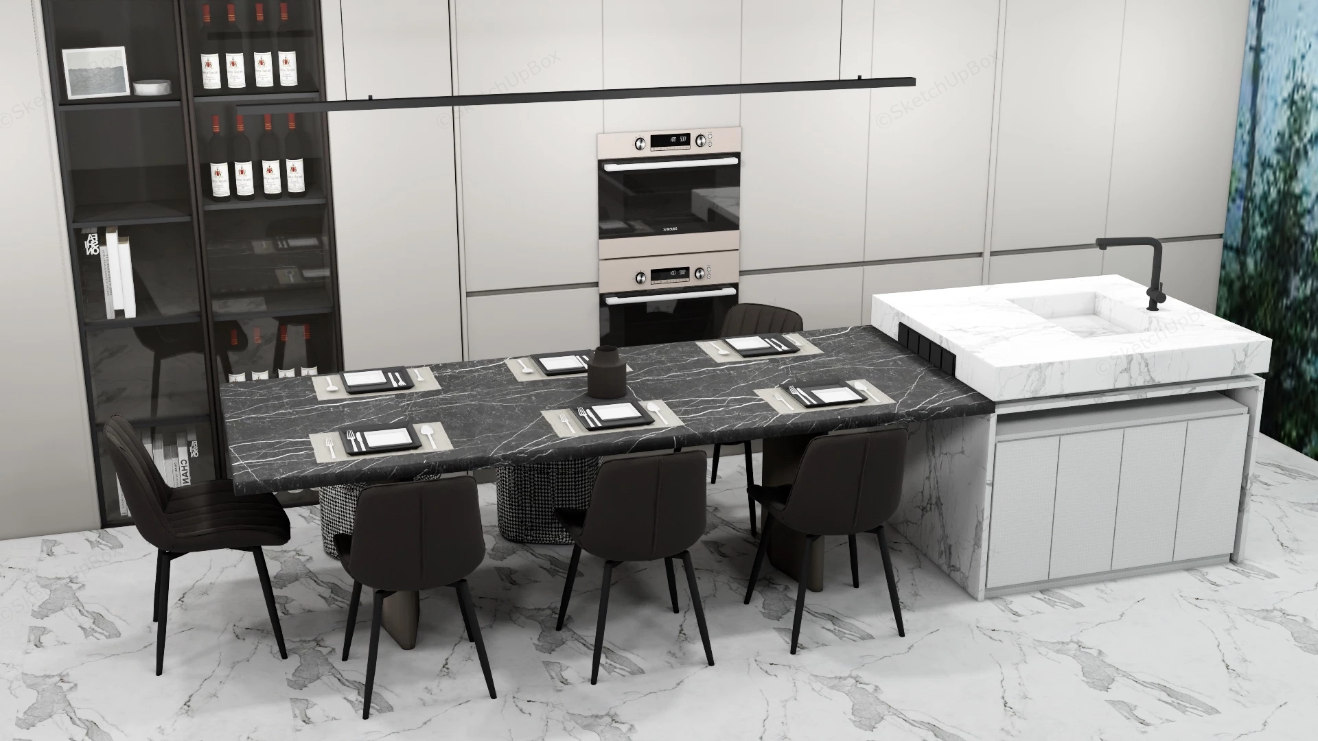 Marble Kitchen Island With Dining Table sketchup model preview - SketchupBox
