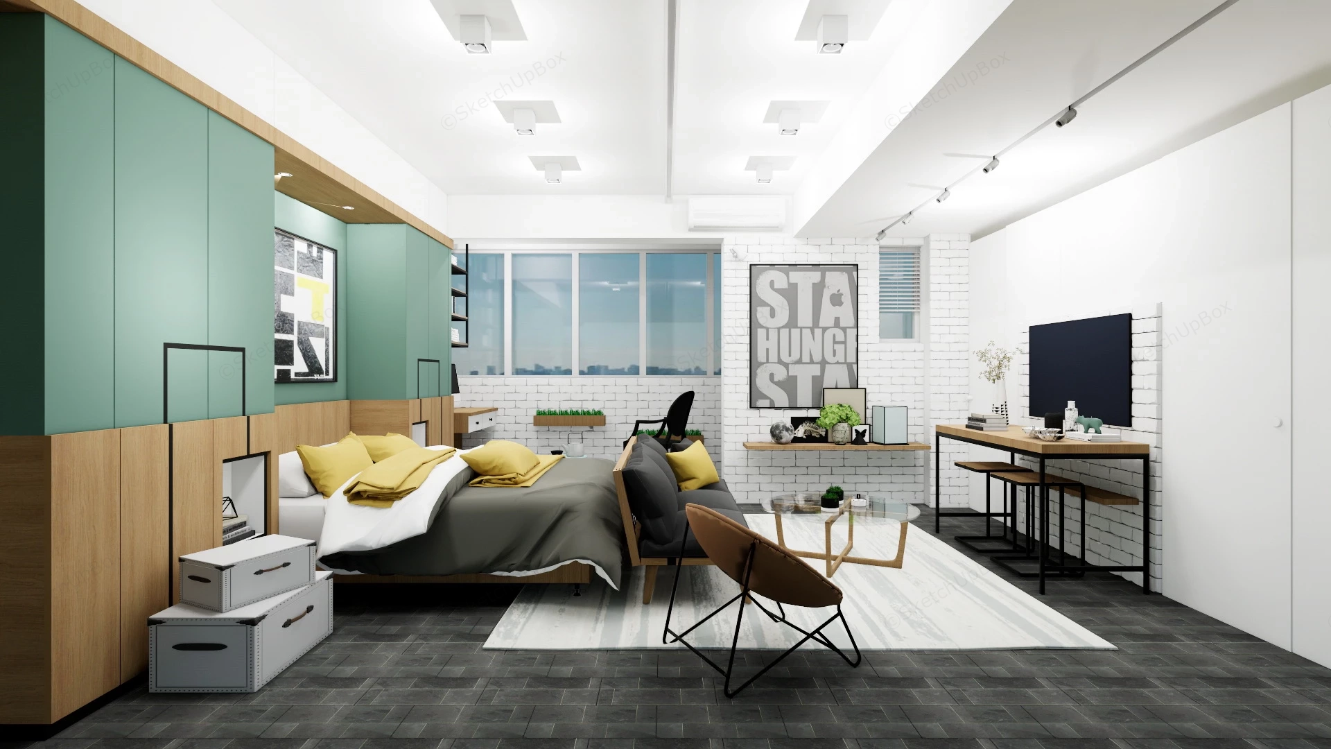 Modern Industrial Bedroom sketchup model preview - SketchupBox