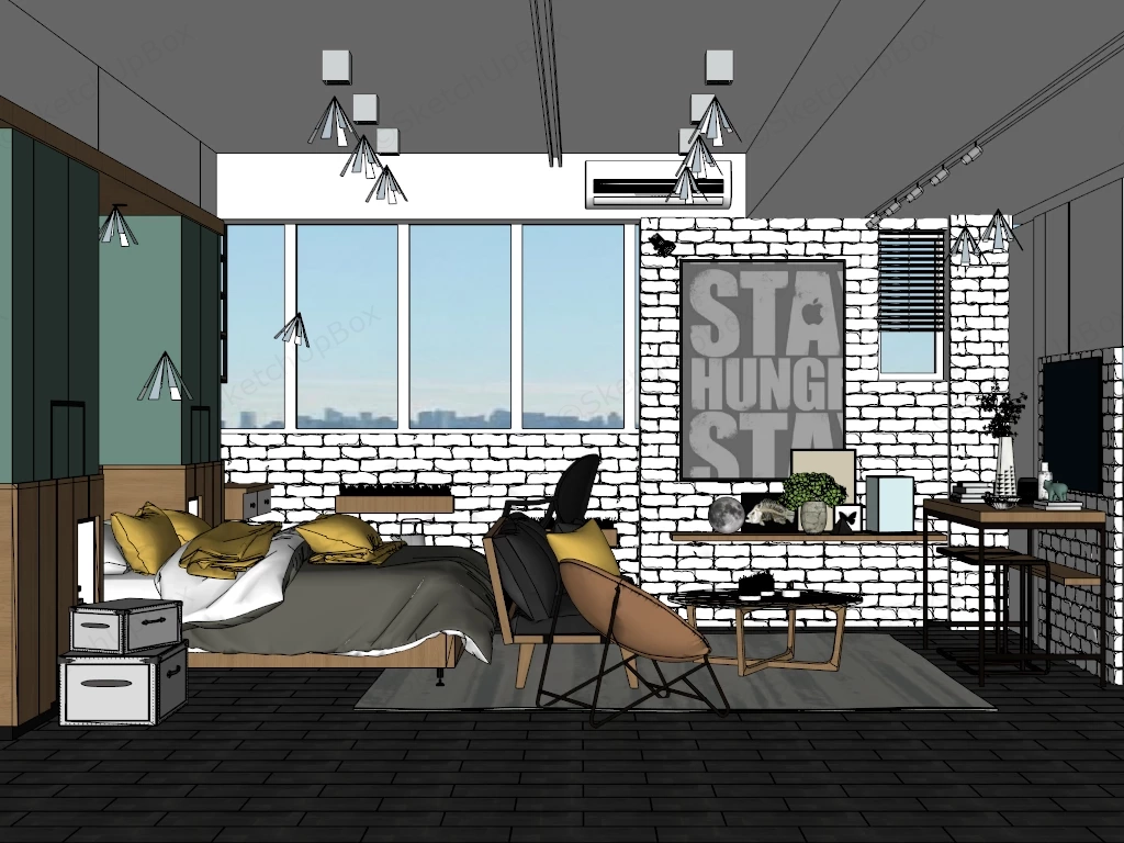 Modern Industrial Bedroom sketchup model preview - SketchupBox