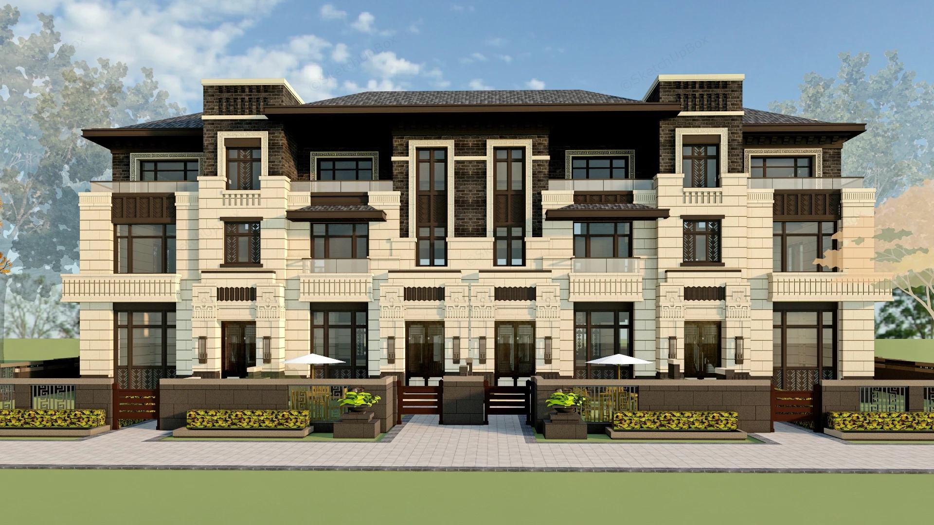 Modern Prairie Style Row House sketchup model preview - SketchupBox