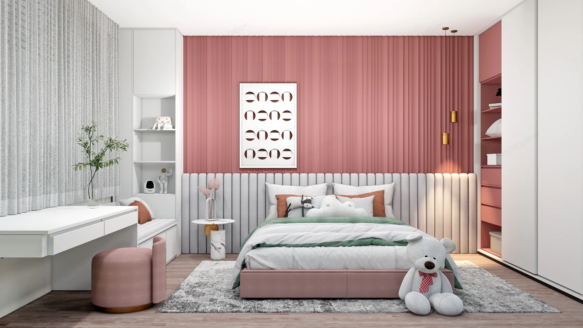 Pink And White Girls Bedroom sketchup model preview - SketchupBox