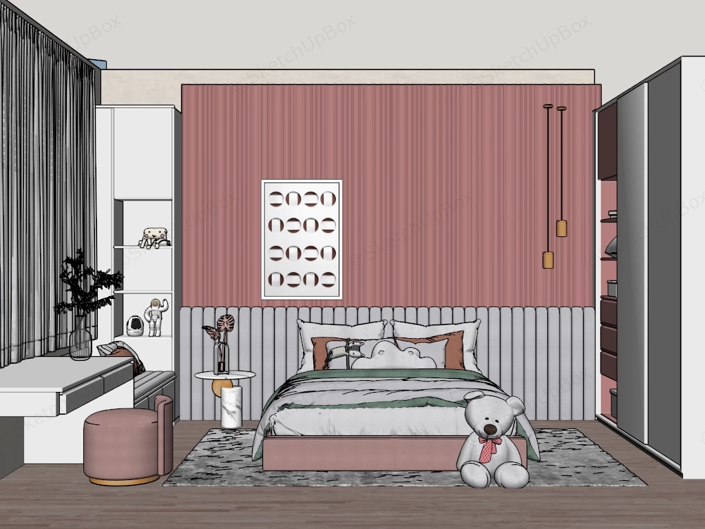 Pink And White Girls Bedroom sketchup model preview - SketchupBox