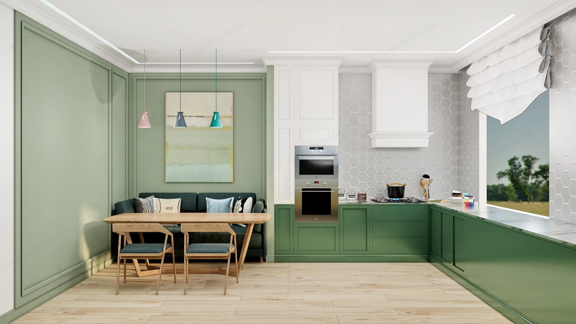 Green And White Kitchen With Dining Area sketchup model preview - SketchupBox