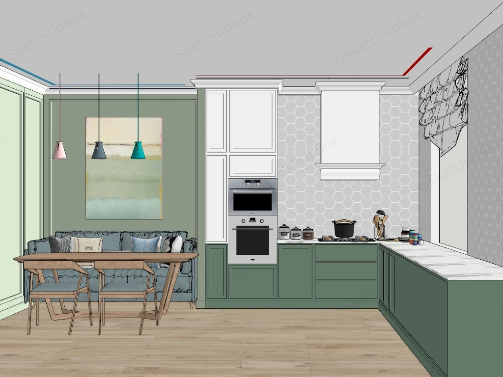 Green And White Kitchen With Dining Area sketchup model preview - SketchupBox