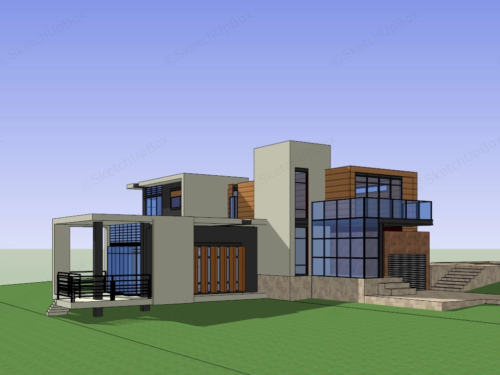 Two Story Contemporary Style House sketchup model preview - SketchupBox