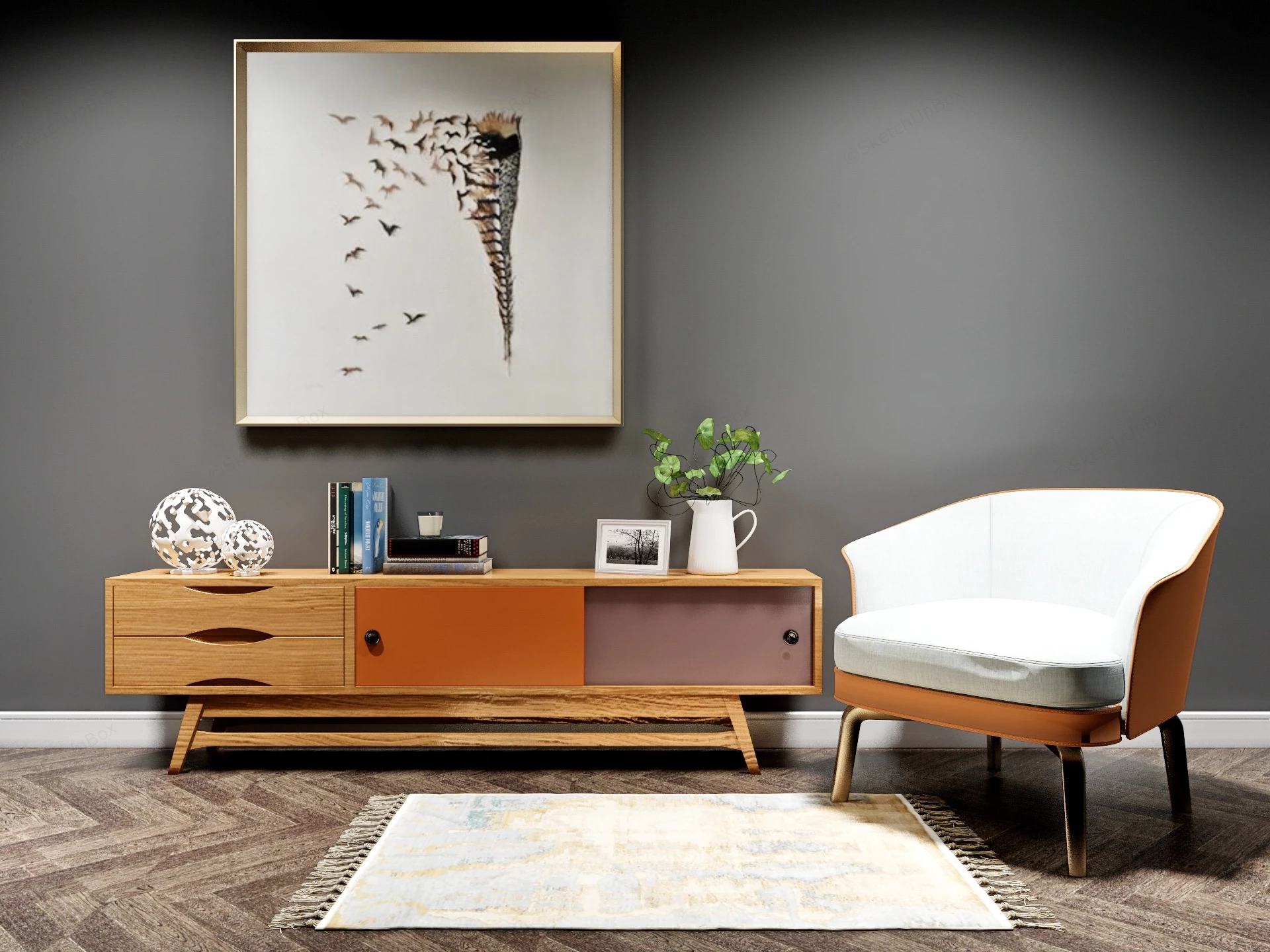 White Accent Chair And Wood Sideboard sketchup model preview - SketchupBox