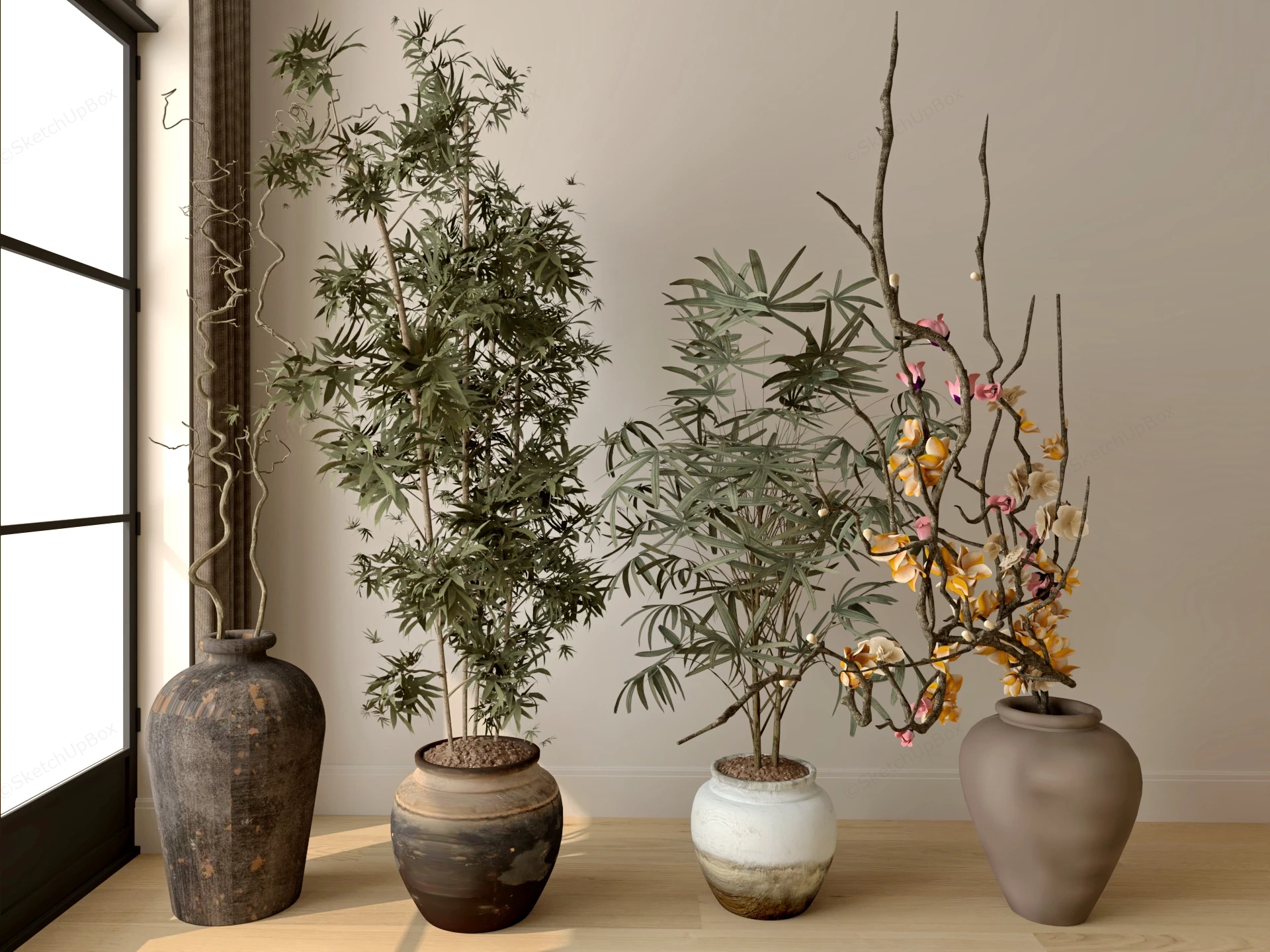 Vintage Floor Vases And Plants Decorations sketchup model preview - SketchupBox