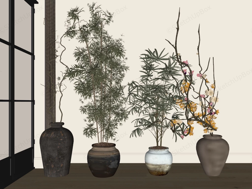 Vintage Floor Vases And Plants Decorations sketchup model preview - SketchupBox