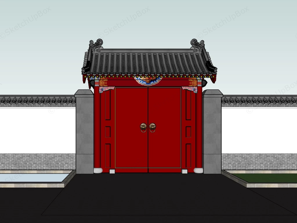 Chinese Courtyard Gate And Walls sketchup model preview - SketchupBox