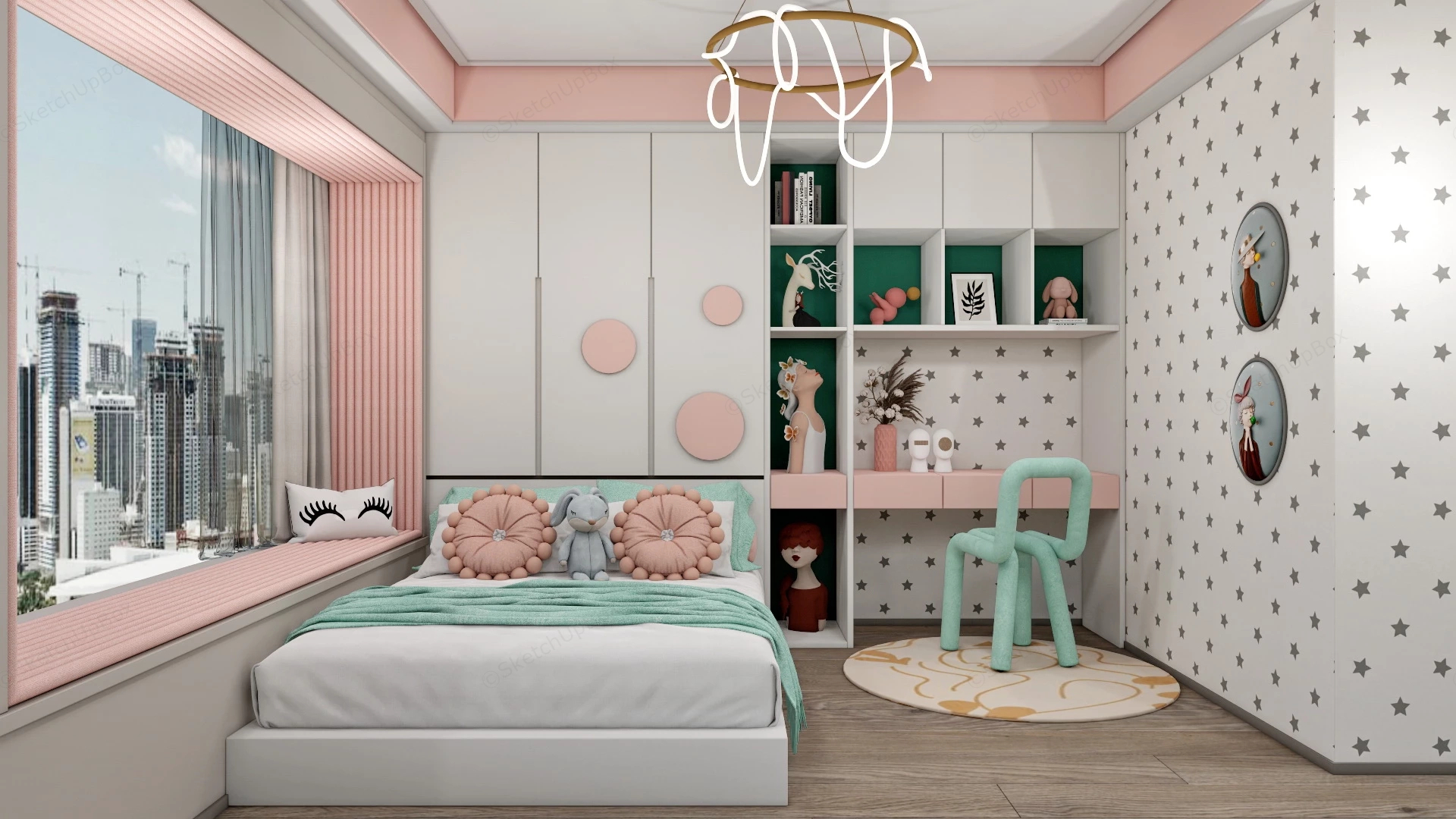 Pink And Aqua Girls Bedroom sketchup model preview - SketchupBox