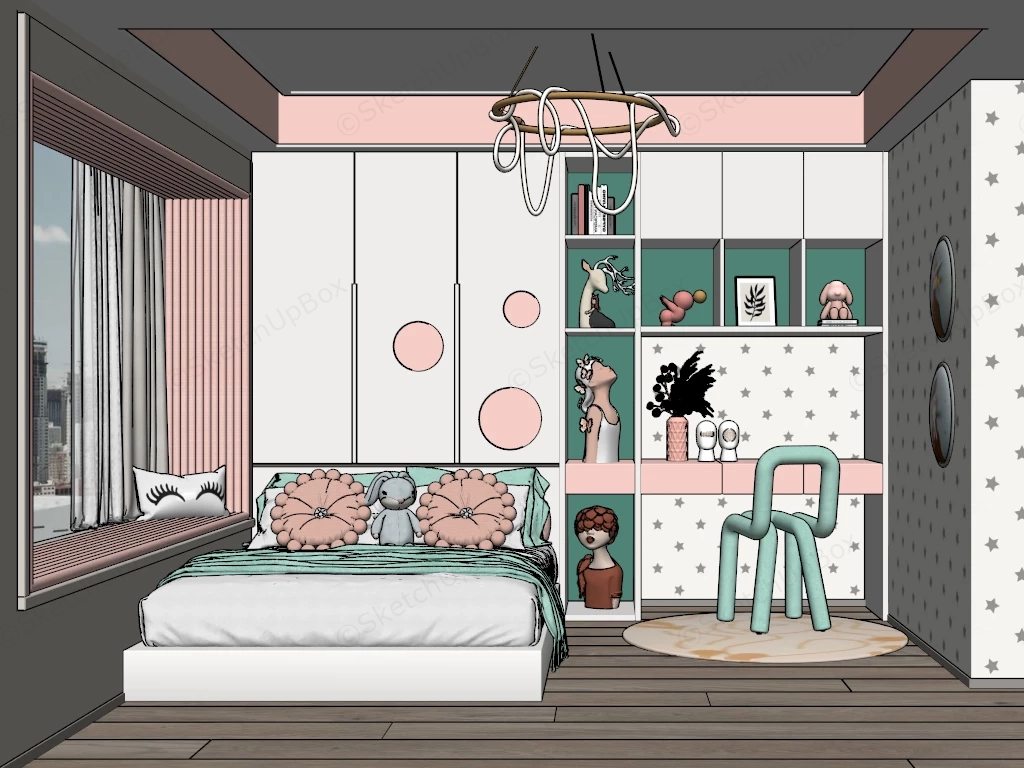 Pink And Aqua Girls Bedroom sketchup model preview - SketchupBox