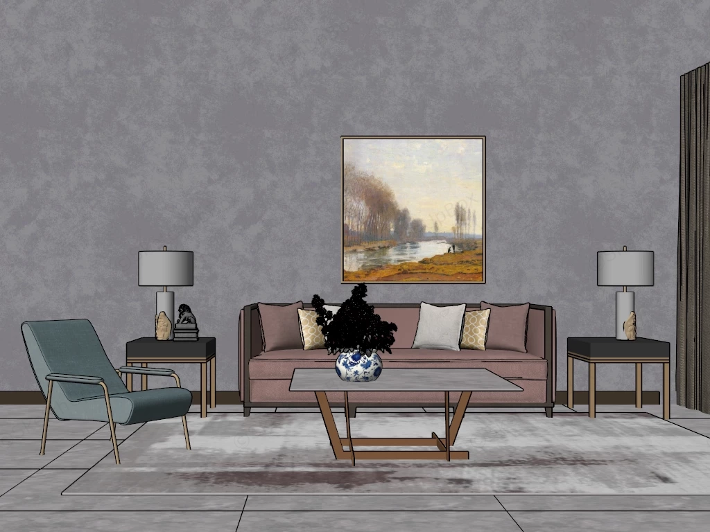 Mid Century Modern Living Room Furniture sketchup model preview - SketchupBox