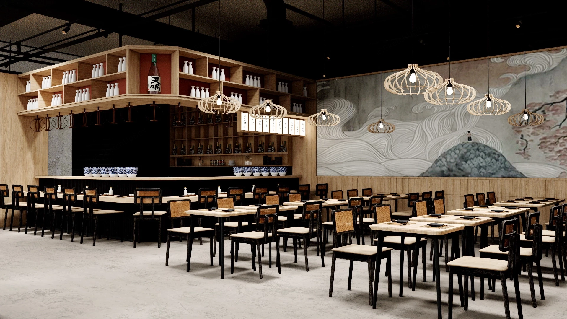 Japanese Restaurant Interior Design sketchup model preview - SketchupBox