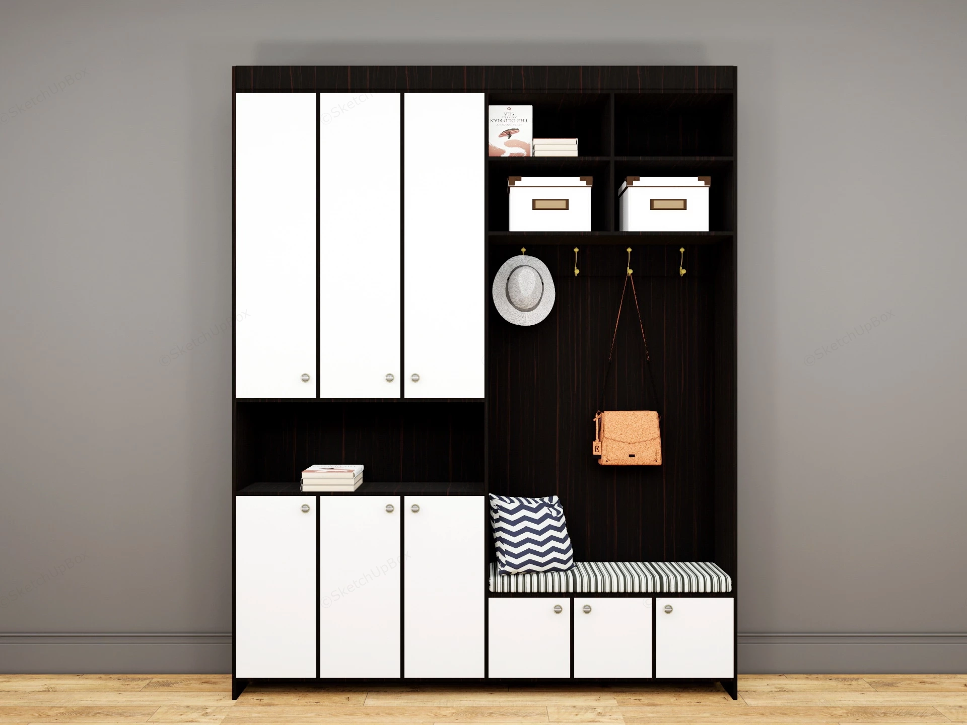 White And Black Hall Tree Entry Bench sketchup model preview - SketchupBox