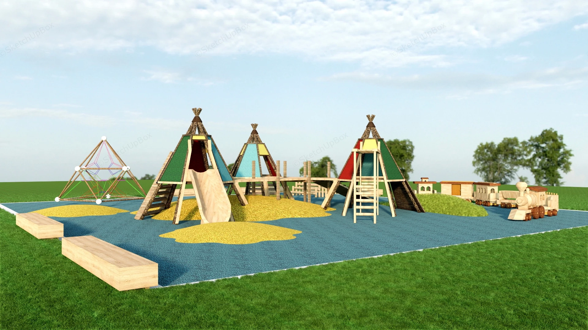 Natural Wooden Playground sketchup model preview - SketchupBox