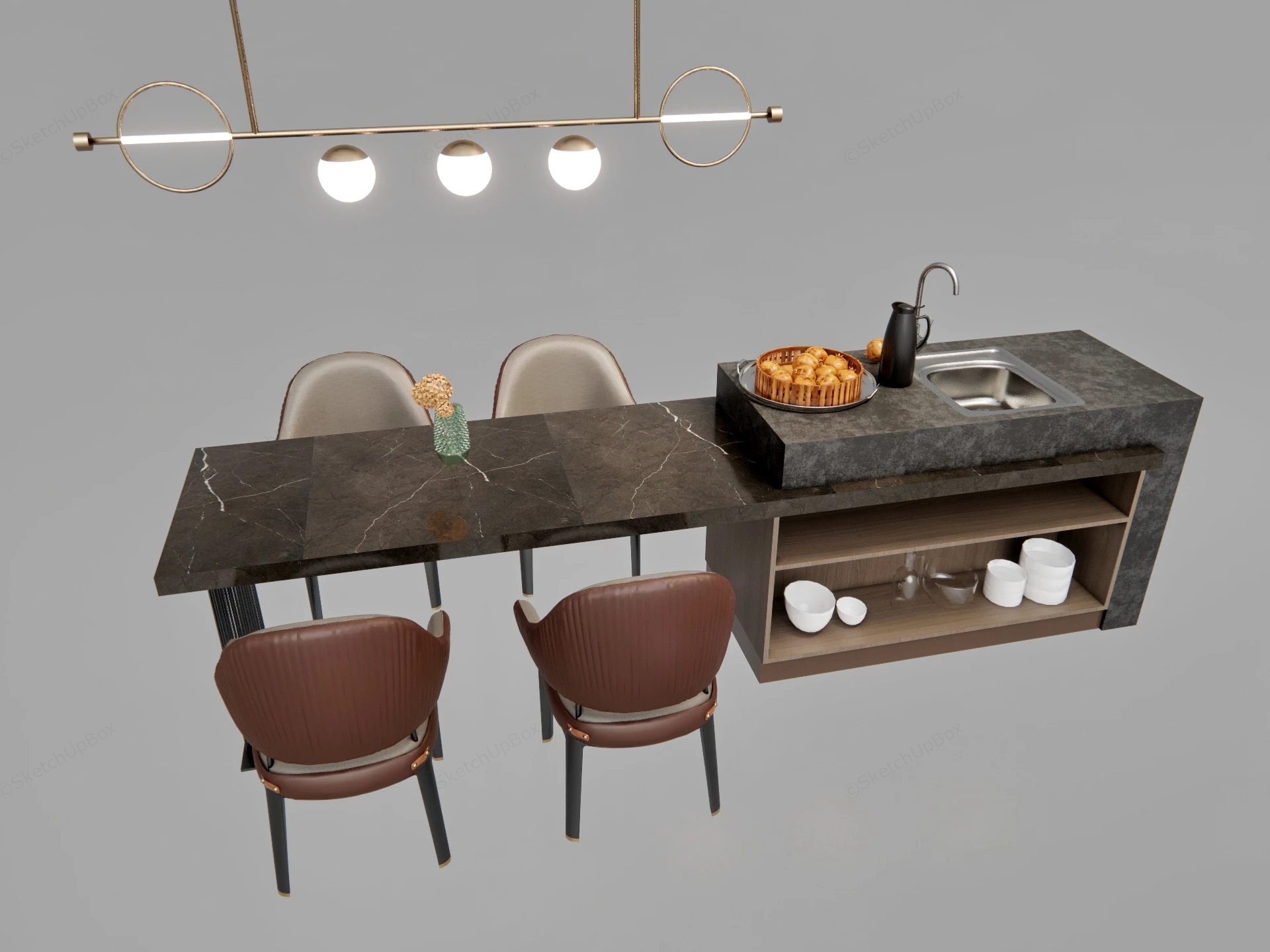 Modern  Kitchen Island Dining Table Combo sketchup model preview - SketchupBox