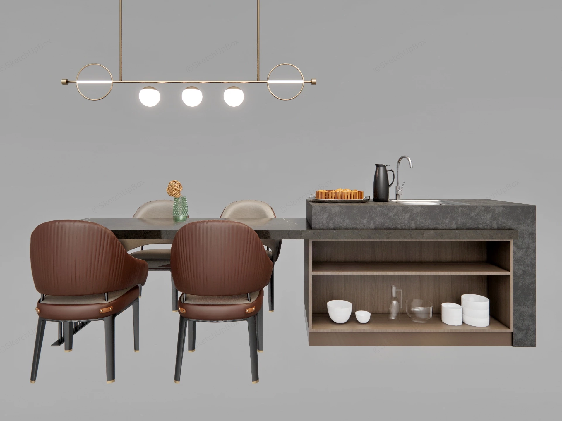 Modern  Kitchen Island Dining Table Combo sketchup model preview - SketchupBox