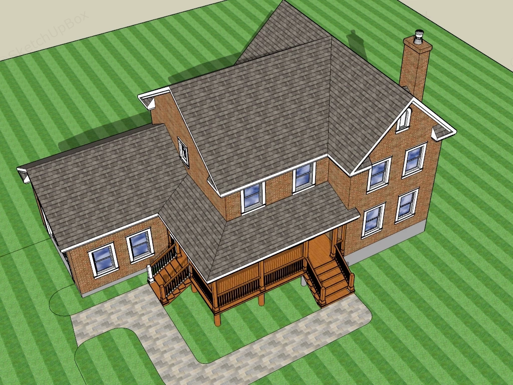 Red Brick Country House sketchup model preview - SketchupBox