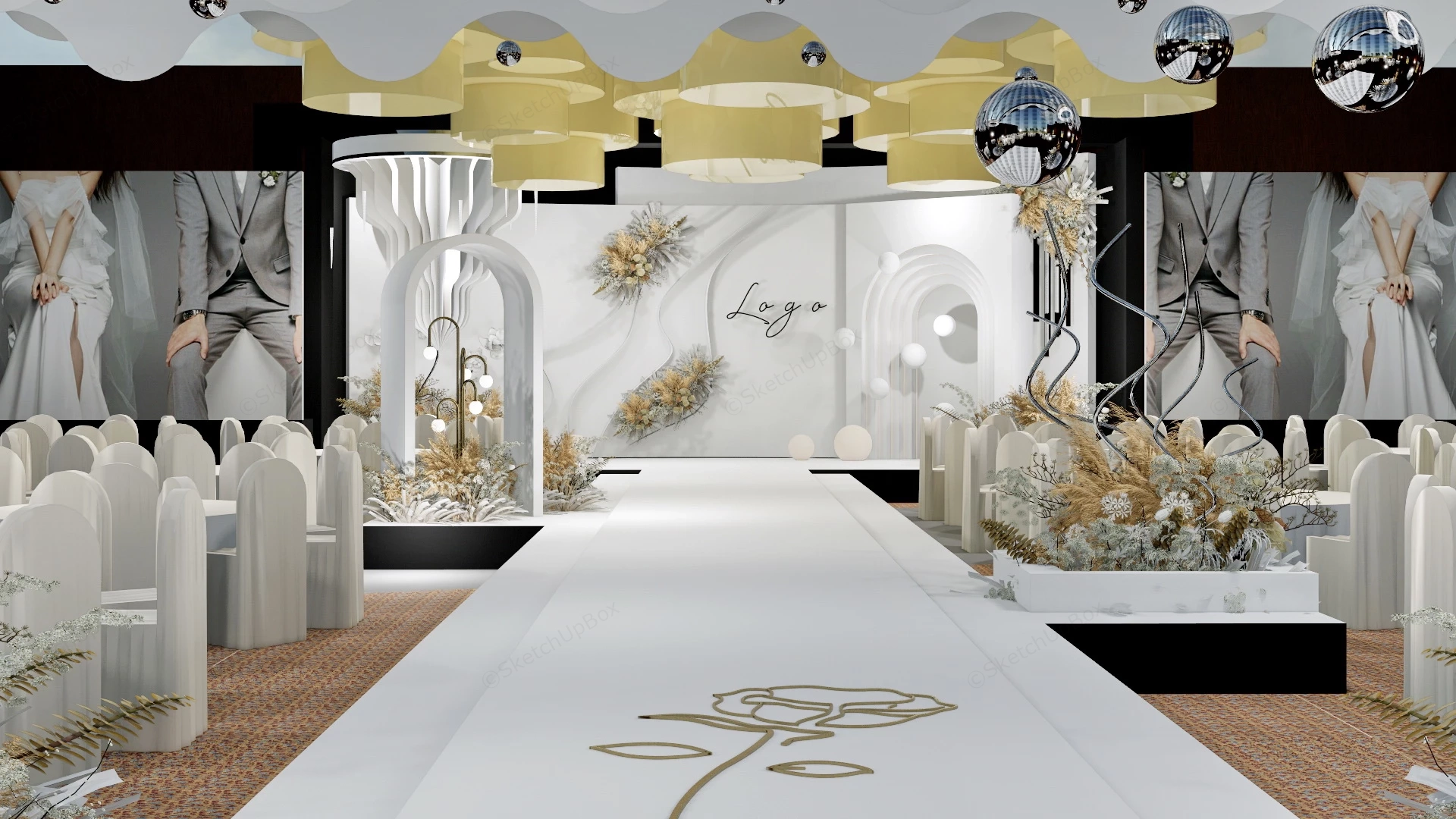 White Wedding Reception Banquet Hall sketchup model preview - SketchupBox
