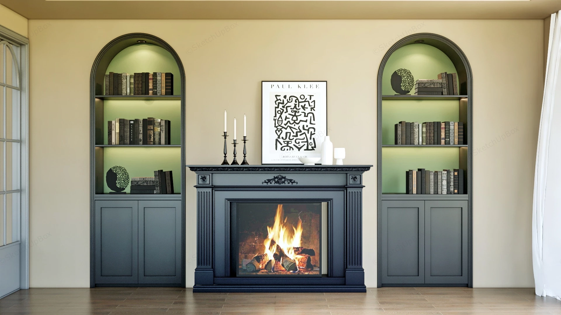 Traditional Fireplace With Bookshelves sketchup model preview - SketchupBox