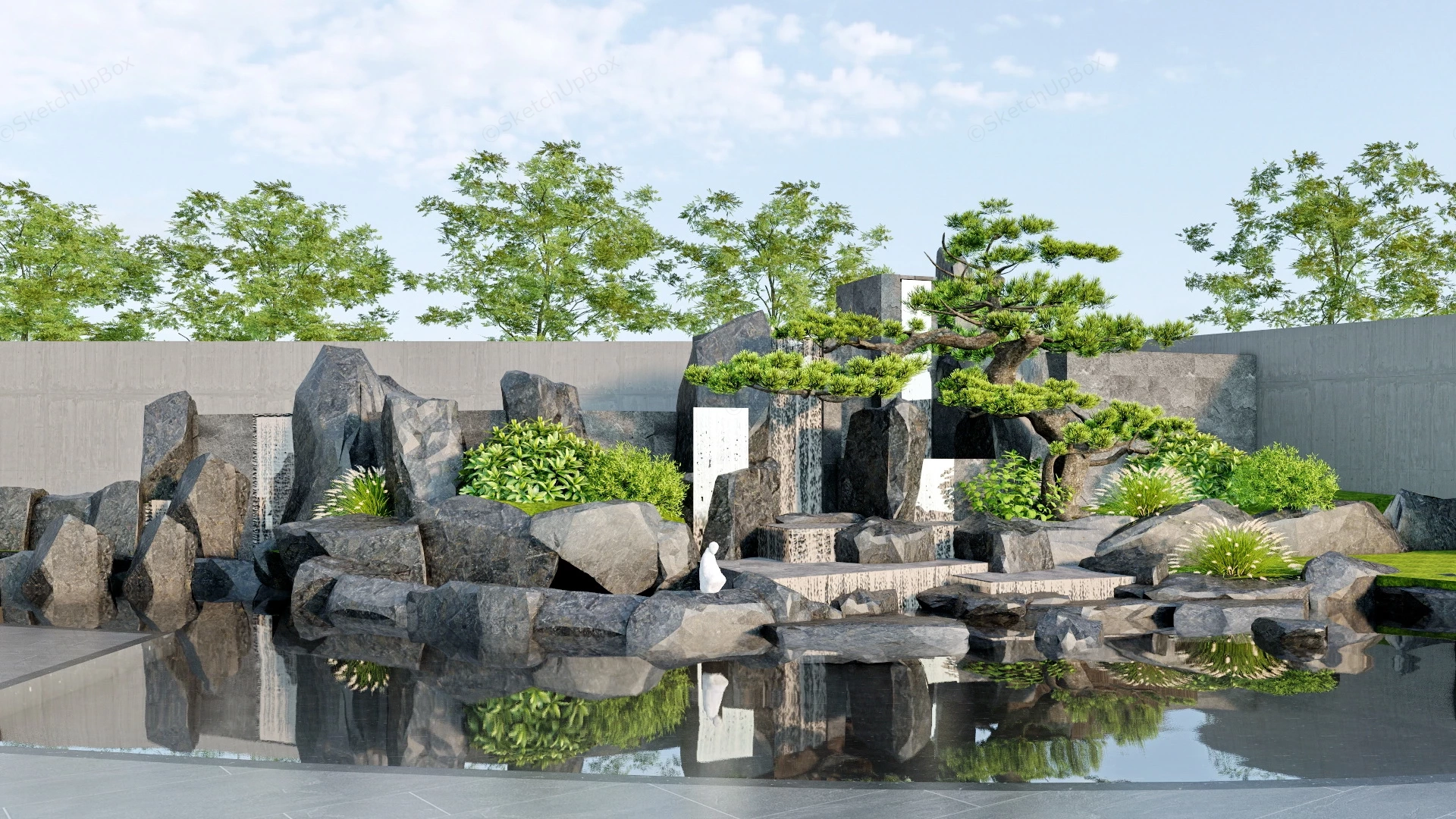 Asian Rock Garden Pond Waterfall sketchup model preview - SketchupBox
