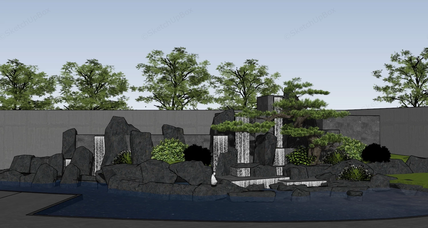 Asian Rock Garden Pond Waterfall sketchup model preview - SketchupBox
