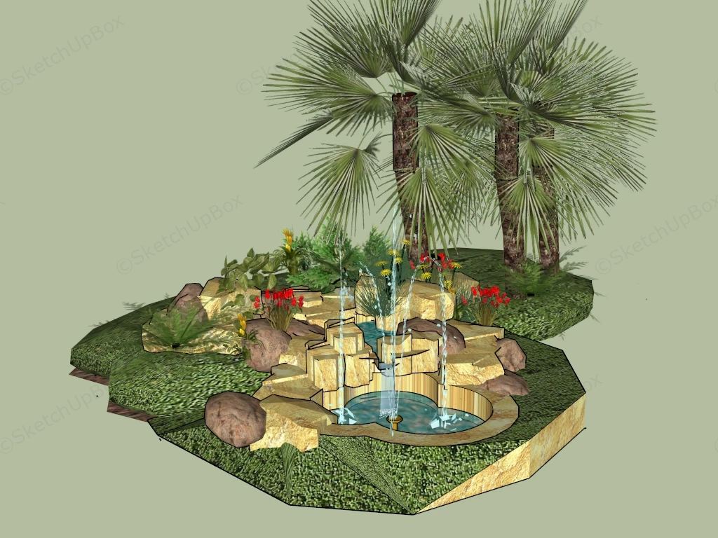 Small Rock Garden Pond With Fountain sketchup model preview - SketchupBox