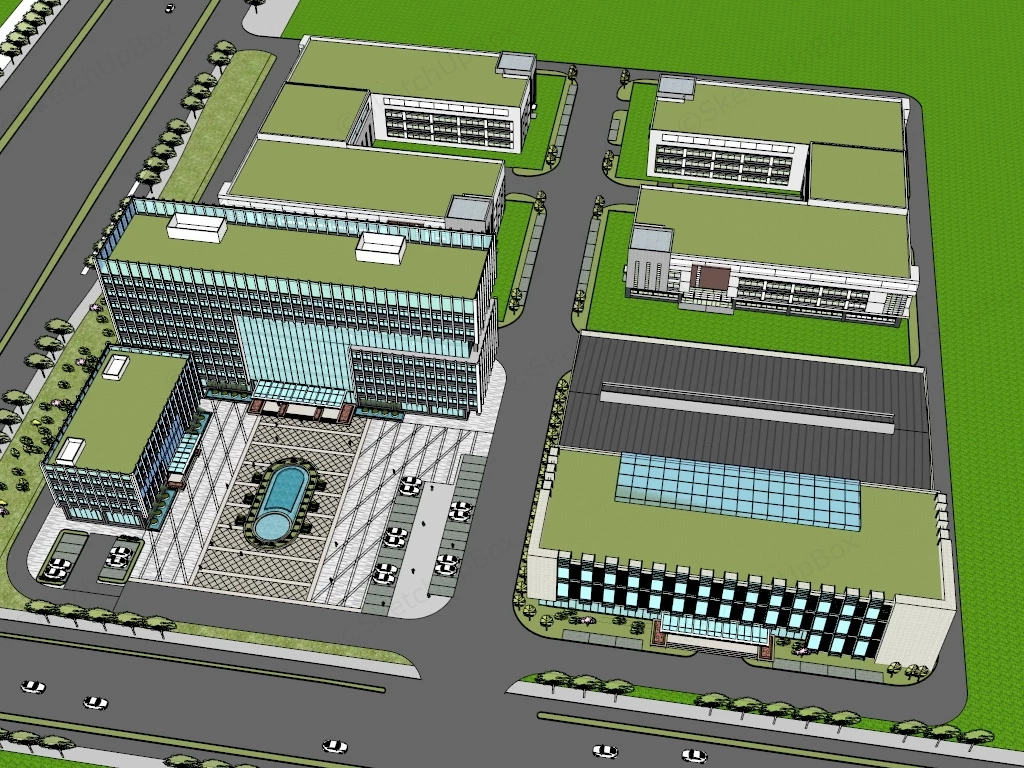 Modern Industrial Park Buildings sketchup model preview - SketchupBox