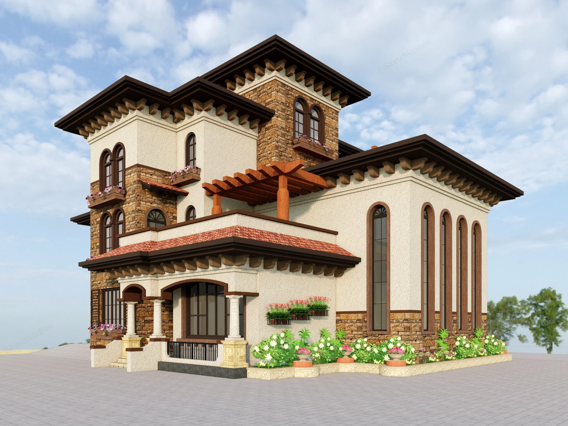 Modern Stone House Exterior Design sketchup model preview - SketchupBox