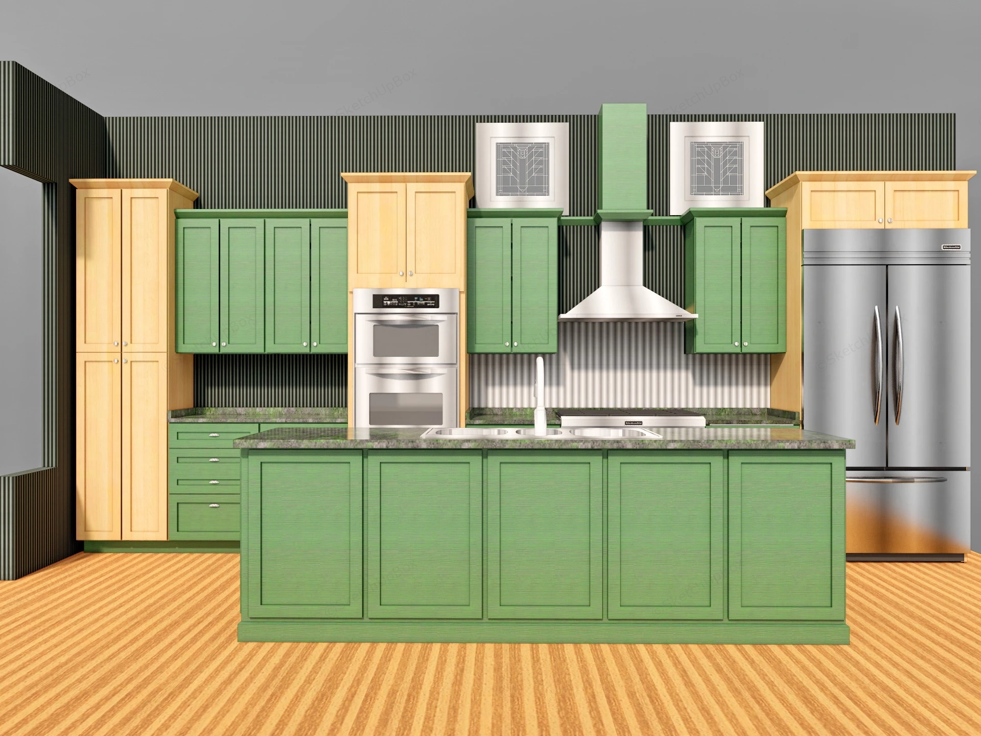 Green Kitchen With Island sketchup model preview - SketchupBox