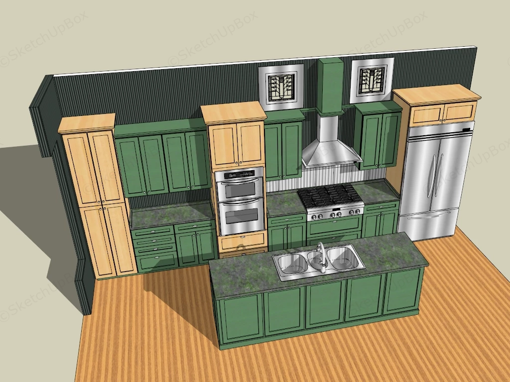 Green Kitchen With Island sketchup model preview - SketchupBox