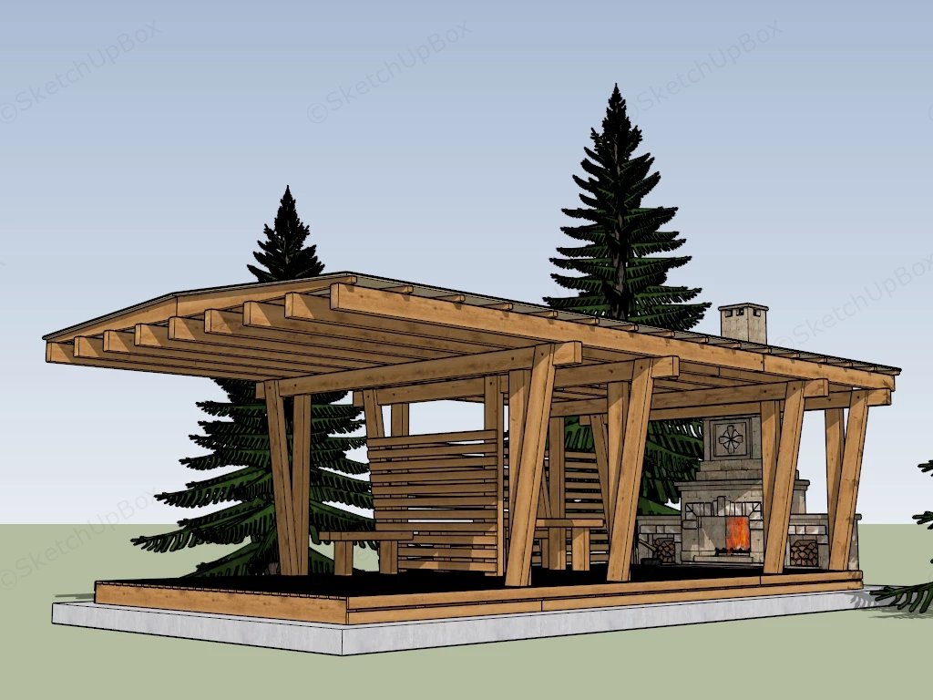 Pergola With Stone Fireplace sketchup model preview - SketchupBox